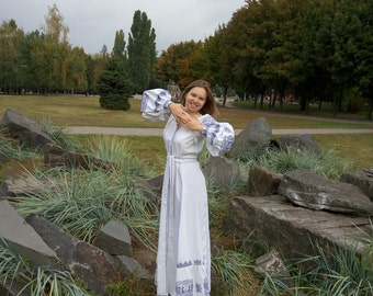 Bird pattern Embroidered Maxi Dress Linen Pattern Ukrainian Boho Ethnic