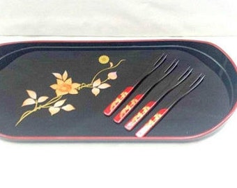 Vintage Lacquerware Sushi Tray, Lacquerware Forks, Lacquer Appetizer Tray,Snack Tray, Black Lacquerware, Asian Tray,Lacquer,MCM, Japan,1960s