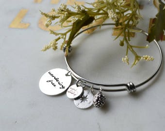 Personalized Charm Bracelet Bangle- Wandering Free - Or Your Custom Words - Pinecone & Compass Charms - Hand Stamped - Script Calligraphy