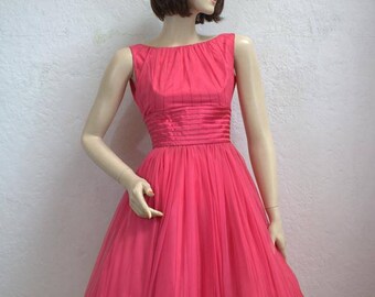 On Sale! 1950's Dark Pink Chiffon Swing Dress With Full Skirt - 24" Waist