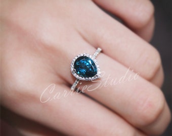Special Discount! Pear Natural London Blue Topaz Ring Topaz Engagement/ Promise Ring Anniversary 925 Sterling Silver Ring