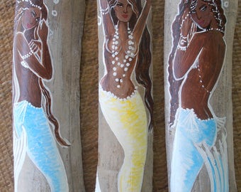 Set of 3 Beautiful Afro Caribbean Mermaids /african mermaids/ black mermaids mermaid bathroom decor Original hand painted art