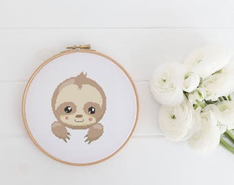 Sloth - Cross Stitch Pattern - Modern Cross Stitch - Childrens Decor Nursery - Animal - Instant Download