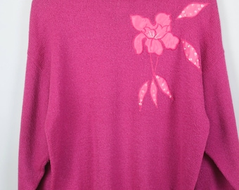 Vintage Sweater, Vintage Knit Pullover, 80s, 90s, pink, flowers, oversized look