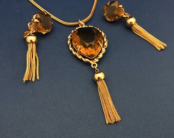 Vintage Bergere Brown Gemstone Tassel Necklace and Earring Set