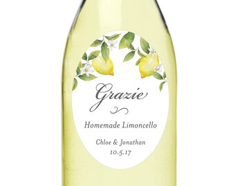 Custom Limoncello Labels, Personalized Stickers for Wedding Favors, Grazie Oval Watercolor Lemon Stickers, - Set of 15