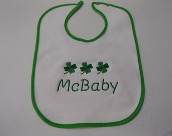 Irish Embroidered Baby Bib - McBaby or O'Baby with Shamrocks