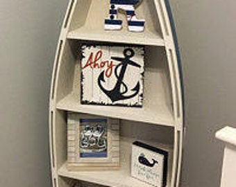 5 foot blue row Bookshelf Bookcase shelves skiff schooner canoe nautical Dorey kids room wooden boat shelf Beach decor Photo propp Nursery