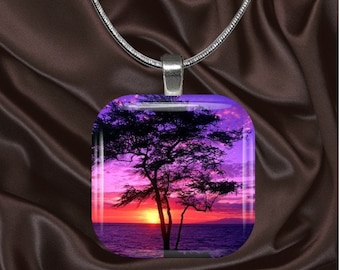 Sunset with tree Glass Tile Pendant with your choice of chain included(light3.1)