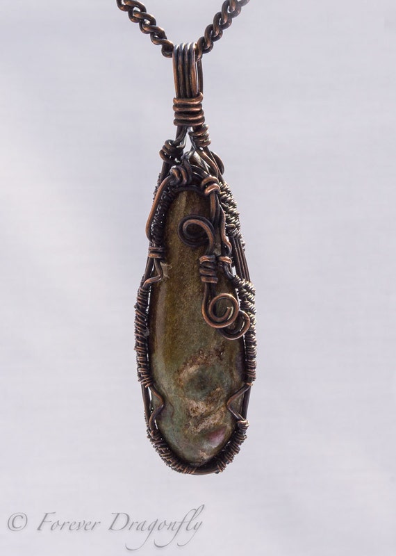 Ruby in Zoisite Antiqued Copper Wire Pendant Hand Woven