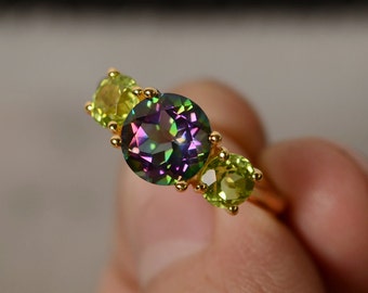 Mystic Topaz Ring Three Stone Ring Yellow Gold Plated Silver Ring