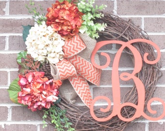 Initial Wreath, Fall Grapevine Wreath, Fall Grapevine Hydrangea Initial Wreath,Fall Door Wreath, Grapevine Door Wreath