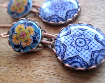 Mexican jewelry, Mexican plate, Mexican pottery design, Folk art, drop earrings, Southwestern, statement earrings, Talavera, Blue, MTO