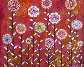 Red Modern Abstract Flower Painting Art Block Print