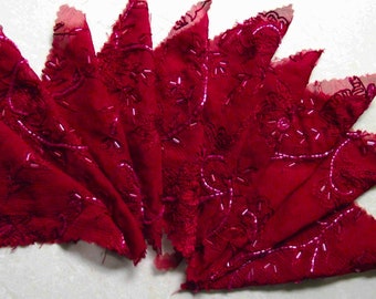 BURGUNDY....9 x Embroidered Bugle Beaded Crinkle Chiffon....100% Silk....12 x 13 cm each