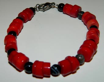 Red Coral and Black Onyx Bracelet - Protection - 7.5" Long - One Size Only