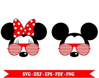 Mickey mouse svg with sunglasses, Minnie mouse svg sunglasses, svg files, eps, dxf, png, pdf. For Silhouette Cameo, Cricut, vinyl