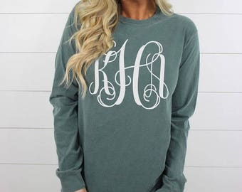 Long Sleeve Personalized Monogrammed Comfort Color Tee, Full Chest Monogram Long Sleeve Tee, Comfort Colors Long Sleeve Tee