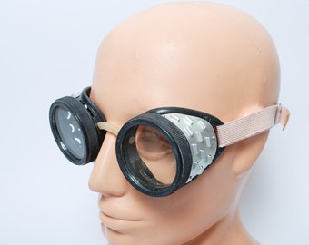 Vintage safety glasses, industrial goggles, transparent lenses