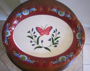 Vintage Plastic Serving Tray, Large Tray, Oval Tray, Serving Tray, Floral Butterfly Tray, Red and White