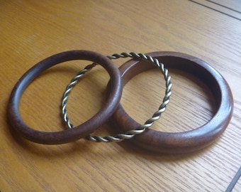 wood and bronze stacking bangles, 3 vintage stacking bangles