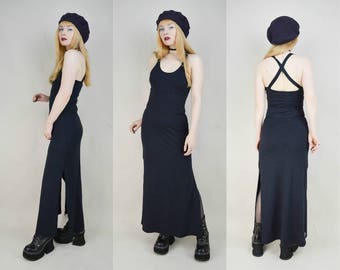 90s Black Textured Crossback Silver Hoop Straps Maxi Dress S