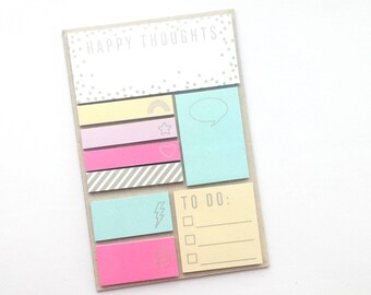 Sticky notes, set of 9 designs with silver details on a cardboard background | to do | happy thoughts | rainbow |