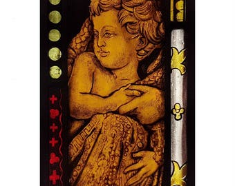 Stained Glass window, Baby, Infant, Child, Panel, Leaded, Ready to Hang, 23x12cm (9x5 inch), Hand painted, kiln fired, antique looking