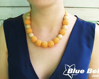 Orange bead necklace, wood orange necklace, orange bead necklace, crochet beads, orange wooden beads, orange necklace, wood bead necklace
