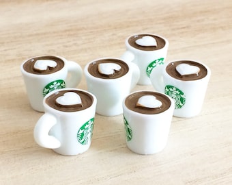 6 pcs Hot Coffee Mug Cabochons - White / Heart Kawaii Cabochons Cute Dollhouse Miniatures Resin Fake Drink
