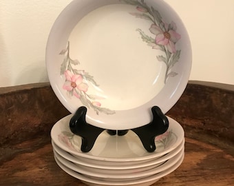 Vintage Crown Potteries Pink & Gray Floral Patterned Berry or Dessert Bowls Set of 5