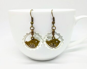 Steampunk Earrings Bird Cog Gear Jewellery Silver Bronze Accessories