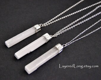 Selenite Necklace Raw Selenite Crystal Necklace Silver Dipped Selenite Pendant White Selenite Necklace Selenite Crystal