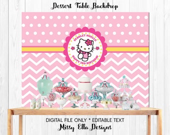 Pink Hello Kitty Dessert Table Backdrop // Hello Kitty Party // Polka Dots & Chevron // Personalized Party Backdrop // Digital Printable