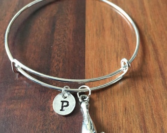 KIDS SIZE - Bowling pin charm bracelet, bowling jewelry, gift for bowler, bowling bangle, sports jewelry, silver bowling bracelet