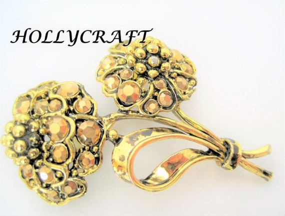 Hollycraft Gold Tone Brooch - Bronze Rhinestone Flowers- Two Flower Gold Tone