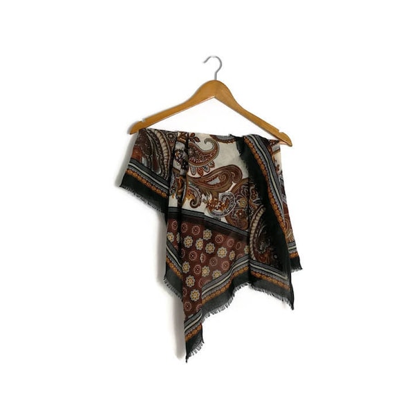 Vintage boho wrap scarf / brown cream patterned retro scarf / large square wrap scarf / 80s gyspy boho scarf.