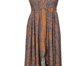 Boho Vacation Halter Dress Printed Gypsy Hippie Chic Summer Fashion Recycled Vintage Silk Sari Two Layer Sundress