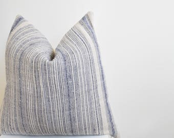 Authentic Vintage H'mong Tribal Textile Pillow Cover, Blue/Gray and White Stripe