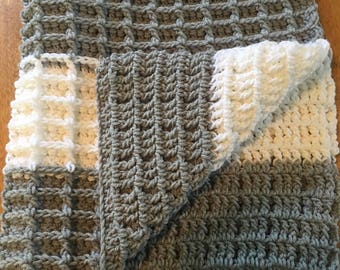 Grey & White waffle stitch crochet blanket