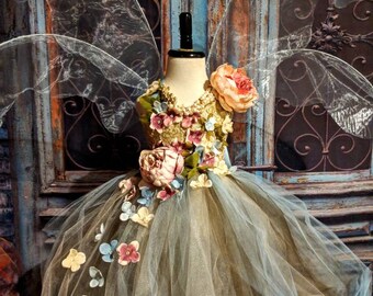 Ethereal Earth Gaia Fairy costume dress, romantic leaves flower fairy dress, fairy birthday dress, fairy festival dress, flower girl dress