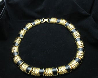 Gold tone and Black Enamel Enameled Classic Tailored Choker Necklace 17.5 inches