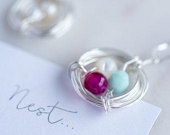 Birthstone 'Our Nest' Necklace, Personalized Necklace with birthstones, Mother's Day Necklace