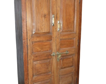 Antique Anglo Indian Cabinet Rustic Teak Wood Armoire Wardrobe Ample Storage Brass latch and handles FARMHOUSE Limited Time Free Shipping