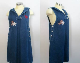 Denim Overalls Jumper Dress Sailor Collar Stars and Stripes Red White Blue
