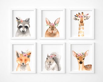 Set of 6 Woodland nursery decor, Girls, Woodland nursery prints, Woodland Nursery Printable, Woodland animals decor, Baby animals, Nursery