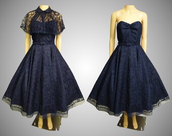 1950s Party Dress | Navy Blue Dress | Vintage 1950s Dress | Blue Lace Dress | 50s Strapless Dress | 50s Dress | 1950s Dress Matching Cape |