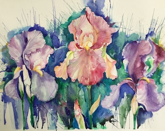 Watercolor flowers/Irises/Floral painting/floral art