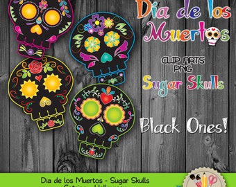 CLIP ART - Sugar Skulls - Black - Catrinas - Día de los muertos - Halloween - ZIP - Png 300dpi
