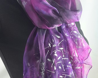 Silk scarf long hand painted chiffon purple fuschia pink black silver